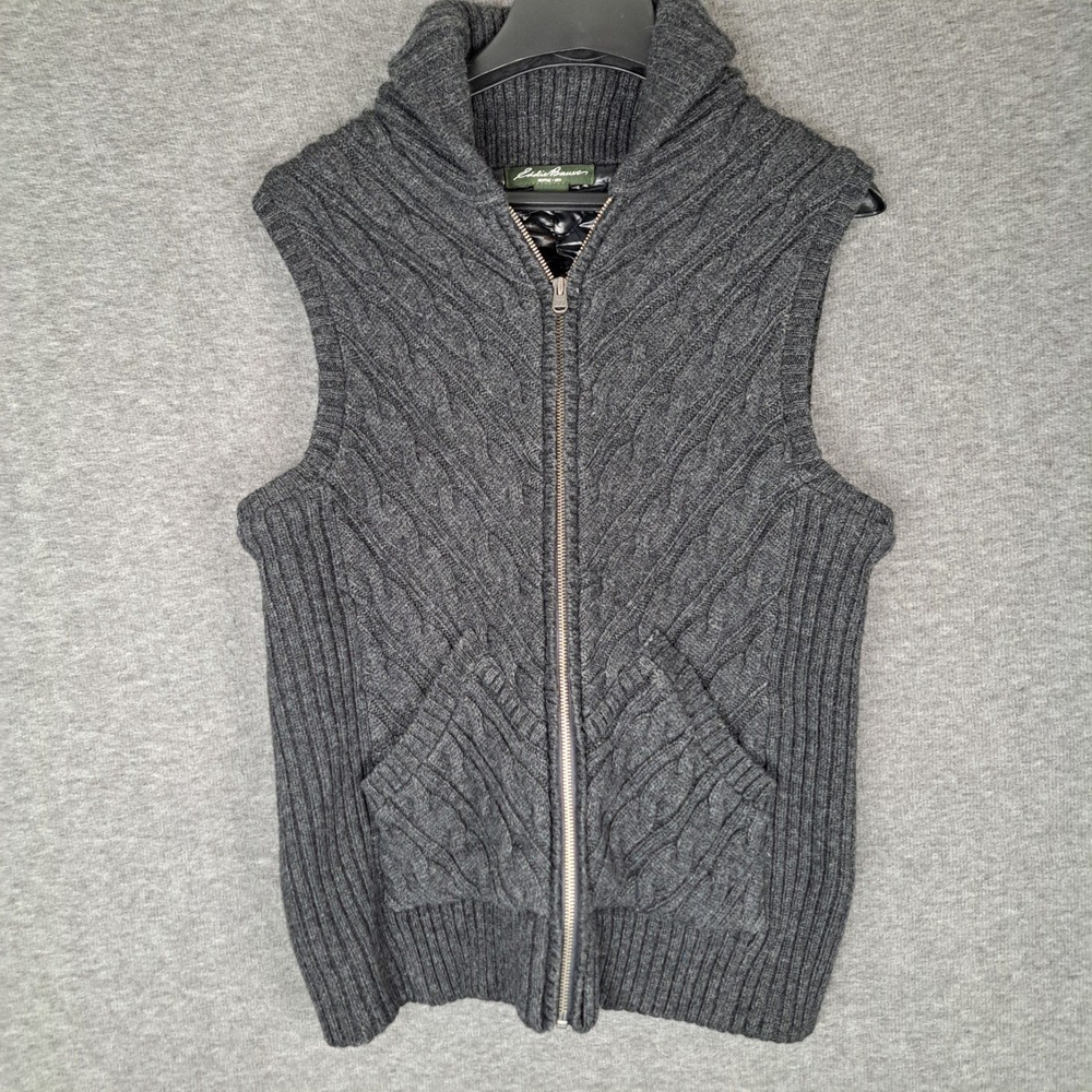 Eddie Bauer Sweater Vest Women Large Gray Wool Blend Cable Knit Full Zip Shawl